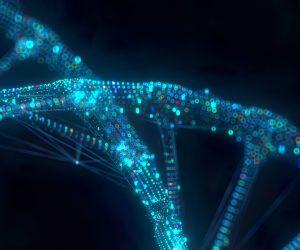 Digitally generated DNA fragment on a dark background
